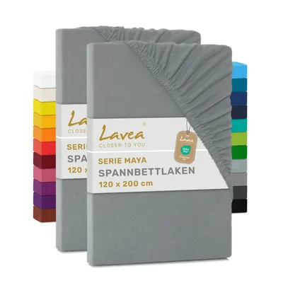 Produktbild von Lavea® 2er Pack Spannbettlaken 120x200cm, Bettlaken 100% Baumwolle Jersey, mit Rundumgummizug, für Matratzen bis 20 cm Höhe, weich, formstabil, langlebig, Mittelgrau