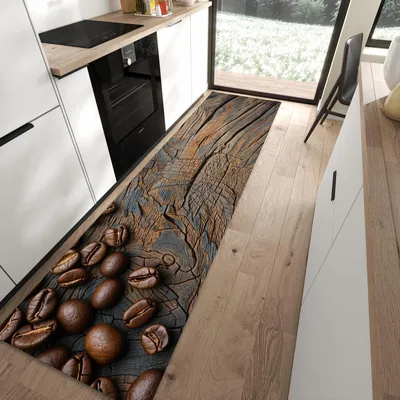 Produktbild von Küchenläufer 80 x 300 cm Braun rutschfest & waschbar – Küchenteppich Bohnenrahmen auf Holz PVC Teppichläufer Küche