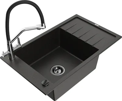 Produktbild von Mexen Elias 1 Becken-Granitspüle mit Abtropffläche und Mischbatterie Duo, Schwarz/Gold metallisch - 6511-75-671701-07-B