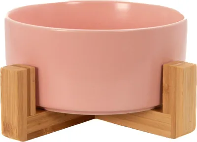 Image de Intirilife gamelle en céramique avec support en rose - total 20.5 x 8.5 cm - gamelle 15.5 x 6.5 cm - capacité de remplissage 800 ml - gamelle, écuelle à boire pour chiens et chats avec support en bambou