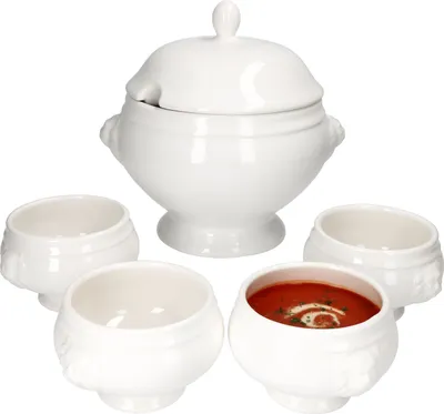 Produktbild von Mambocat LEO Löwenkopf - Terrinen Set 5-tlg. I 1x 3 L mit Deckel + 4x 0,45 L I Weiße Schalen I Steingut