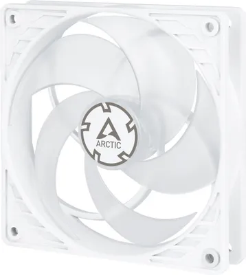 A white computer fan with transparent blades is shown against a white background.