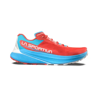 Trailrunning-Schuh für Damen; Modell Prodigio Woman von La Sportiva; in rot und blau; mit niedrigem Schnitt.