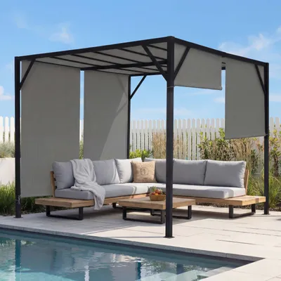 Produktbild von Pergola Beja, Garten Pavillon Terrassenüberdachung, stabiles 6cm-Stahl-Gestell + Schiebedach grau  3x3m