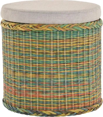 Produktbild von KRINES HOME Rattan Wäschekorb Wäschetruhe Sitz gepolstert Honig, Flur-Bank Aufbewahrungsbox mit Deckel Bad-Hocker Sitzhocker Wäschesammler Sitz-Truhe Natur (Bunt, Rund)