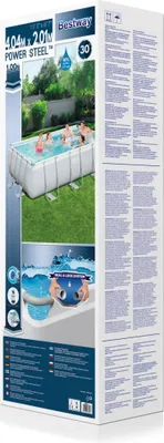 A box for a Bestway Power Steel rectangular swimming pool, showing the pool in use and details about its features.