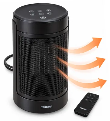 Immagine prodotto di Riscaldatore Relaxdays, elemento riscaldante in Vetroceramica PTC, 2 livelli di riscaldamento, 750/1500 W, termostato, modalità ECO, oscillazione, telecomando, colore nero, Immagine generata dall'IA