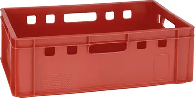 A red plastic crate is shown against a white background.
