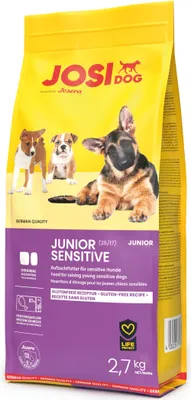 A bag of JosiDog Junior Sensitive dog food.
