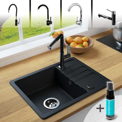 A kitchen sink with a faucet, fruit in a bowl, and a cleaning spray bottle, with multiple faucet options shown in the background.