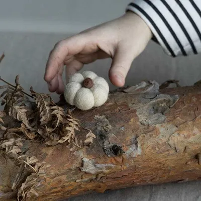 A hand reaching for a small, felted pumpkin on a log with dried leaves.