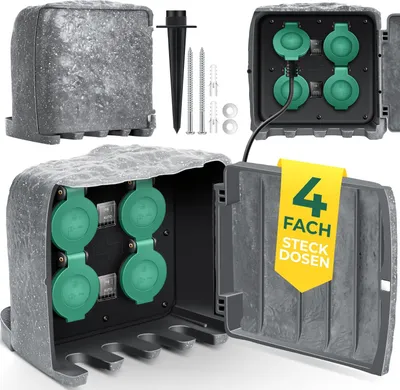 Produktbild von KESSER® Gartensteckdose Steinoptik mit 4 Steckplätzen Inkl.Erdspieß, Mehrfachsteckdosen aussen mit 3m Verlängerungskabel Außensteckdose IP44 Wasserdicht Steinsteckdose mit ON/Auto Dämmerungssensor