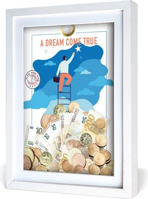 Produktbild von aFFa frames My Piggy Bank Spardose, 3D Bilderrahmen zum Befüllen, Geldgeschenke Verpackung für Auto, Haus, Geburtstag, mit Acrylglasfront, aus Holz, 32x42x2,5cm, Weiß,  Rahmen Traum Muster