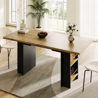 Produktbild von Küchentisch mit Regalen, für Wohnzimmer, Esstisch mit innenliegenden Einlegeplatten, Esstisch Teleskoptisch(120-160×80cm),Holzfarbener