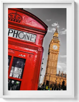 Produktbild von Telefonzelle und Big Ben - England– Wandbild mit Rahmen – Gerahmtes Bild  – Wanddekoration – 60x80 cm –  Weiß Rahmen