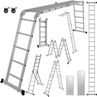 Productafbeelding van 4x5 treden multifunctionele ladder, 5,82 meter, 7-in-1 aluminium multifunctionele ladder tot 150 kg, met 2 transportwielen en 8 platforms, scharnierladder, klapladder, steigladder, aluminium ladder