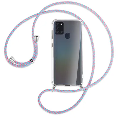 Produktbild von Handykette Backcover-Schutzhülle mit Band (Metall silberfarben) für Samsung Galaxy A21s - pink/mint