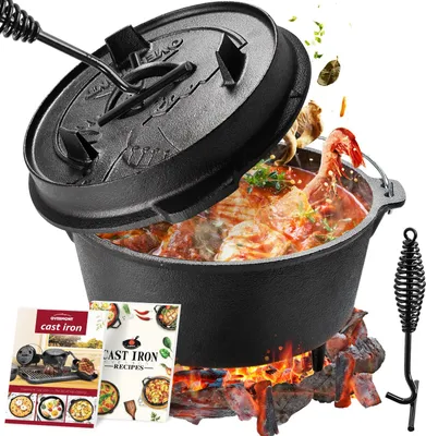 Produktbild von OVERMONT Dutch Oven Gusseisen Topf - Eingebrannter Feuertopf mit Füßen 2in1 Deckel Rezeptbuch und Deckelheber - für Abenteuer Garten Lagerfeuer