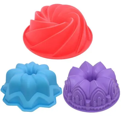 Obrázok produktu pre Silikónové formy na pečenie, sada 3 kusov, motívy: spirála a dvojité kvety, veľké, červené, fialové a modré, priemer 22-24 cm