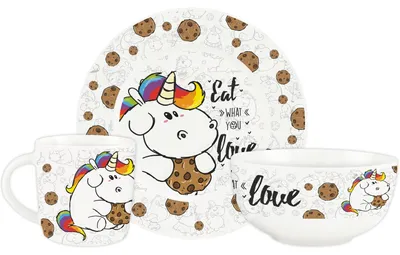 Produktbild von Pummel & Friends Frühstücksset Pummeleinhorn - Eat what you love Geschirr Set 3-teilig Teller, Schale & Tasse aus Porzellan Weiß