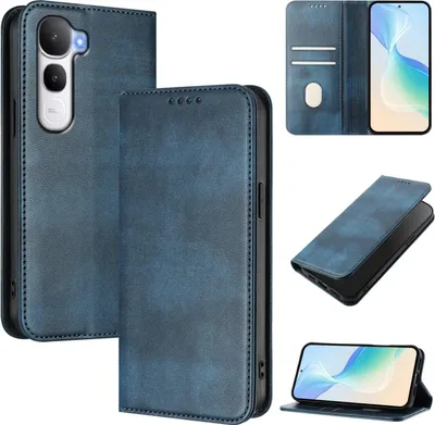 Image de Housse de téléphone portable pour vivo Y400 4G, Vintage Cuir RFID Protection Porte-carte Stand Fonction magnétique Housse à rabat Bleu