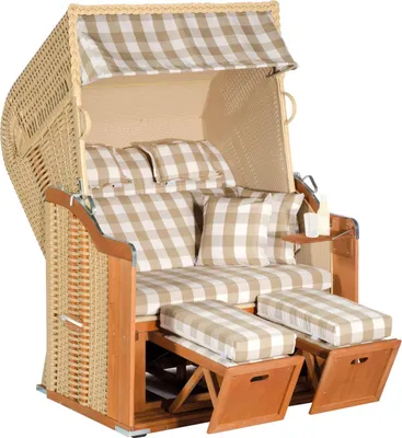 Produktbild von Rustikal Strandkorb 255 Plus 2-Sitzer, Halblieger Ostseeform, Geflecht beige, herausnehmbare Kissengarnitur, Strukturpolyester kariert, Fichtenholz lasiert, ca. 125x90x160