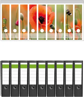 Produktbild von Wallario 9 Stück breite Ordner inkl. Klebeetiketten mit Motive Mohnblumenblüten -  Set mit Rückenschildern / Ordnerrücken Stickern