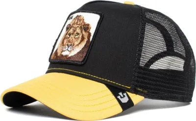 A studio shot of a trucker cap with a lion graphic.
