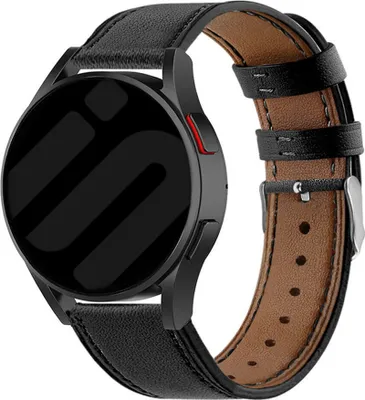 A black leather watch strap attached to a black smartwatch.