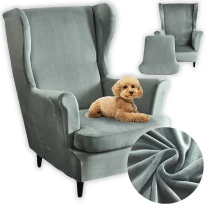 A grey wingback chair with a small dog on the seat. Inset images show the chair cover and a close-up of the fabric.