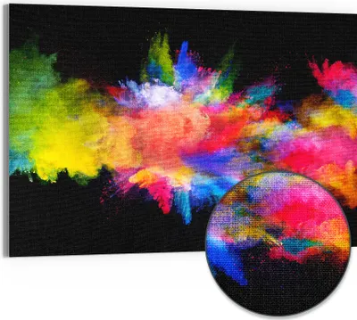 Produktbild von DEQORI Hybrid Leinwand Bild 90x60 cm 'Zusammenknall Farbpuder' Wandbild Glas flach modern