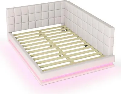 Produktbild von Polsterbett Schlafsofa Ohne Matratze 160x200 cm Multifunktionsbett Beige LED Lichtleiste USB Steckdose Und Lattenrost Samtstoff Schlafcouch Couchbett