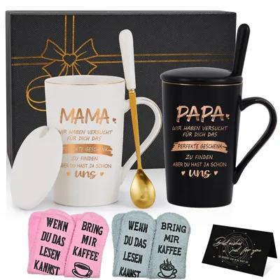 Produktbild von Kaffeetasse Geschenkset mit Spruch 400ml Schwarz/Weiß für Eltern