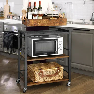 Produktbild von VASAGLE Servierwagen mit abnehmbarem Tablett, verstellbaren Füßen und Rollen, Vintagebraun-Tintenschwarz