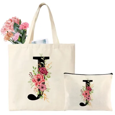 Productafbeelding van Grote Canvas Schoudertas met Bloemletter, Persoonlijk Cadeau