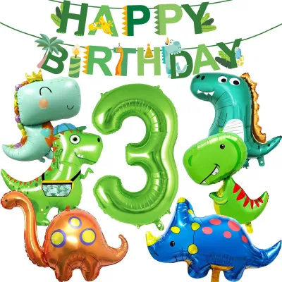 Dino-Ballonset mit Happy-Birthday-Girlande, 3. Geburtstag, 6 Dino-Ballons