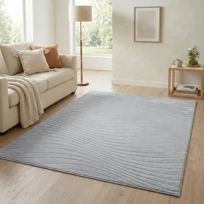 Produktbild von Teppich Kurzflor Wohnzimmer - 160x230 cm in Grau - Modernes Wellen-Muster in 3D-Optik