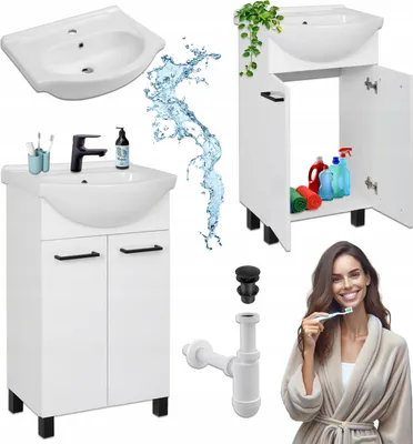Produktbild von Stamar | Badezimmer Schrank, mit Waschbecken, 51 cm, mit Armatur und Siphon, Schwarzdetails
