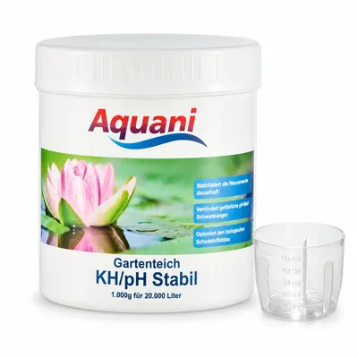 Aquani KH/pH Stabil, 1 kg mit Messbecher auf weißem Hintergrund, KI-generiertes Bild