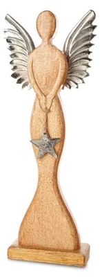 Produktbild von Holzfigur Engel, 19x7x47 cm, mit silbernen Flügeln und einem Stern