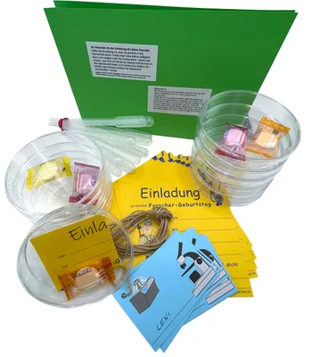 Produktbild von Kindergeburtstag Einladungen und Farb-Experiment in der Petrischale für Forscher-Party, gelb, Experimente mit myExperimentSet