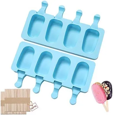 Produktbild von Eisformen eis am stiel silikon stieleisformen-Popsicle Form Eiscreme formen-Cake Pop Ice Lolly Mould Eis Selber Machen Dessertform Eisförmchen Eislutscher Eis Sticks100 Stück Holzstäbchen(Blau-4Stück)