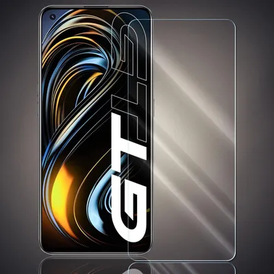 A smartphone screen protector is shown in front of a smartphone displaying a colorful abstract wallpaper. The text 'GT' is prominently displayed on the phone screen.