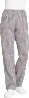 A person wearing chef pants and white shoes.