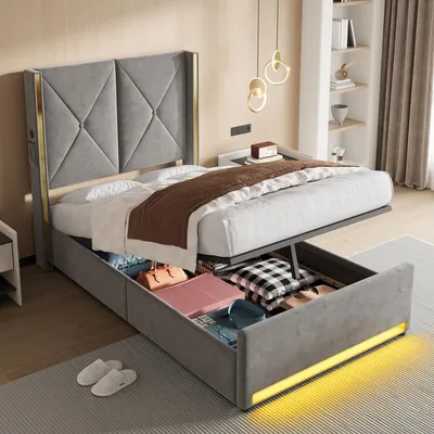 Obrázek produktu pro Čalouněná postel LVHOM s úložným prostorem, jednolůžko s LED osvětlením, USB porty a bočními kapsami, funkční postel, 90 x 200 cm, šedá