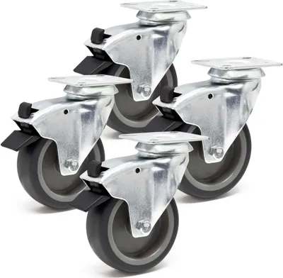 Produktbild von Wiltec Lenkrollen Set 4x Transportrolle Ø100mm bis 80kg pro Rad mit Kunststoffrad, Bremse und Anbauplatte, leiser Lauf, Transportrollen Möbelrollen Laufrollen