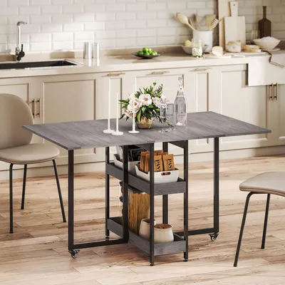 Produktbild von SUGIFT Esstisch klappbar für 4 Personen, Klapptisch Industriedesign, Spanplatte Metall, Grau | 2 offene Fächer | 75 cm Tischhöhe | 133,4 x 80 cm