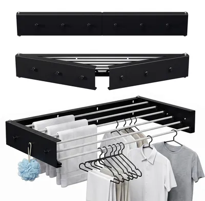 Image de Support mural pliable pour sèche-linge, marque Vigevee, 100 cm, résistant aux intempéries, séchoir mural pour intérieur et extérieur, 6 barres, capacité de 30 kg, couleur noire