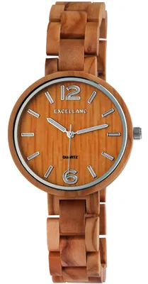 A close-up studio shot of a wooden watch.
