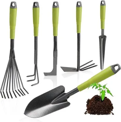 Produktbild von 6-teiliges Gartengerät-Set – Gartengerät-Set mit Doppelschaufel, kleiner Kultivator, Fugenmesser, Handharke, Blumenschaufel – Gartengeräte